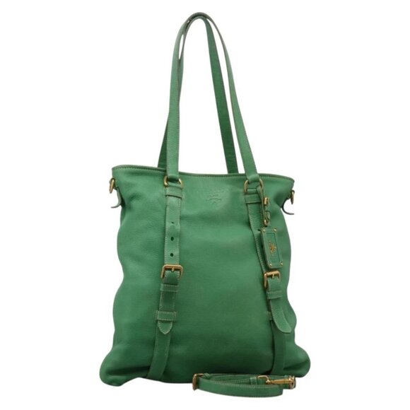PRADA Tote Bag Leather 2way Green Auth 122473 - Picture 1 of 15